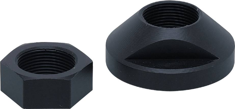 Zwei schwarze Metalladapter, einer kegelförmig und schräg geschnitten, der andere kleiner und sechseckig, ineinander verschraubbar.