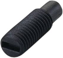 Eine schwarze, geriffelte Stellschraube aus Metall mit schlitzförmigem Kopf. Wird für präzise Einstellungen in mechanischen Anwendungen verwendet.