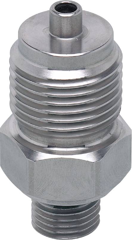 Eine silberne Metallverschraubung mit Gewinde und Sechskantkopf. Sie wird typischerweise in mechanischen oder hydraulischen Systemen verwendet.