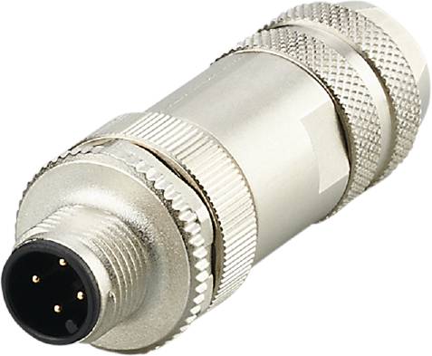 Ein silberner, zylindrischer Stecker mit mehreren Pins, typisch für professionelle Audio- oder Videoverbindungen.