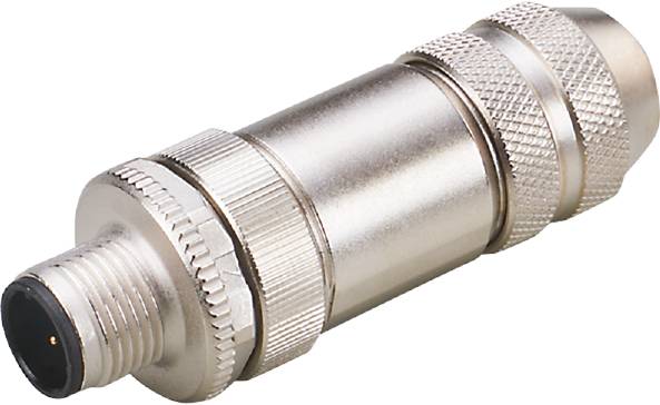 Ein silberner Metallstecker mit geriffelter Oberfläche und Gewinde. Geeignet für elektronische Verbindungen, robust und langlebig.