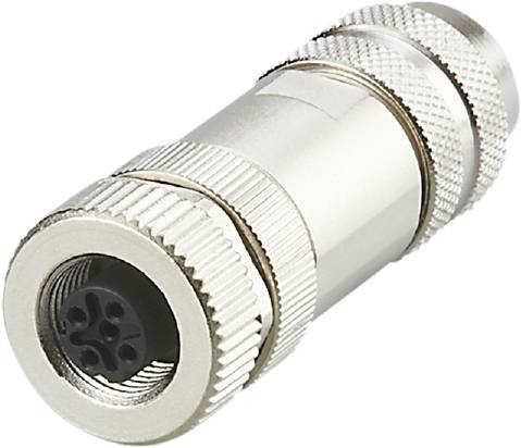 Ein silberfarbener Rundstecker mit mehreren Eingangsverbindungen, geeignet für elektrische Verkabelungen und Verbindungen.