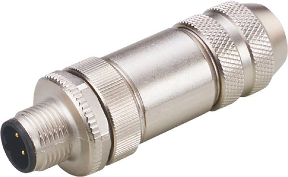 Ein silberner Metalladapter mit gerändelten Kanten, oft verwendet für Verbindungszwecke in elektronischen oder computergesteuerten Systemen.