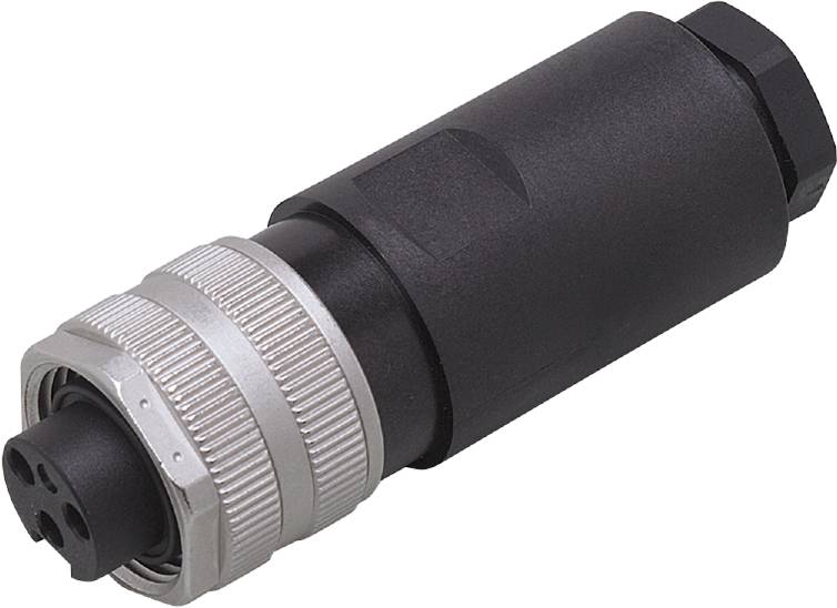 Schwarzer zylindrischer Stecker mit silbernem geriffelten Ring. Eignet sich für Audiogeräte oder technische Anwendungen.