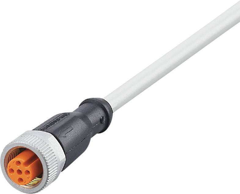 Ein graues elektrisches Kabel mit einem schwarzen Stecker und orangefarbenem Innenleben. Geeignet für technische Verbindungen.