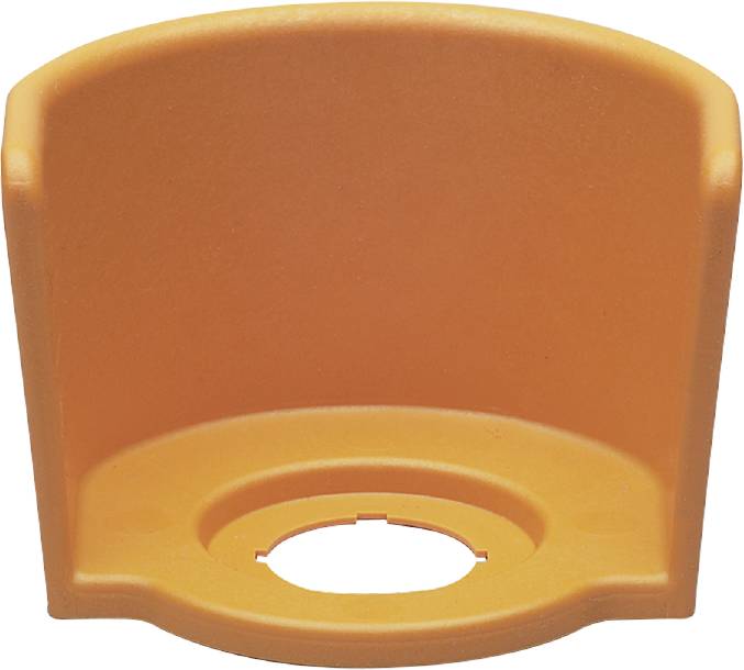 Eine orangefarbene, halbrunde Halterung mit einer kreisförmigen Öffnung in der Mitte, geeignet für die Befestigung an einer Wand.