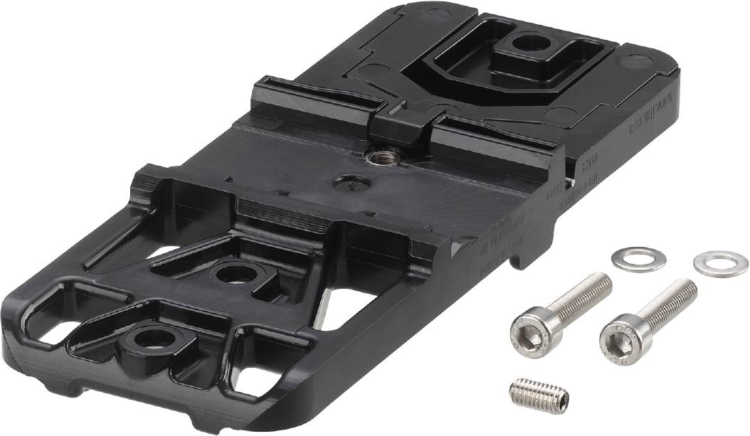 Schwarze Kunststoffhalterung und zwei Schrauben; möglicherweise Teil eines Montage- oder Befestigungssystems.