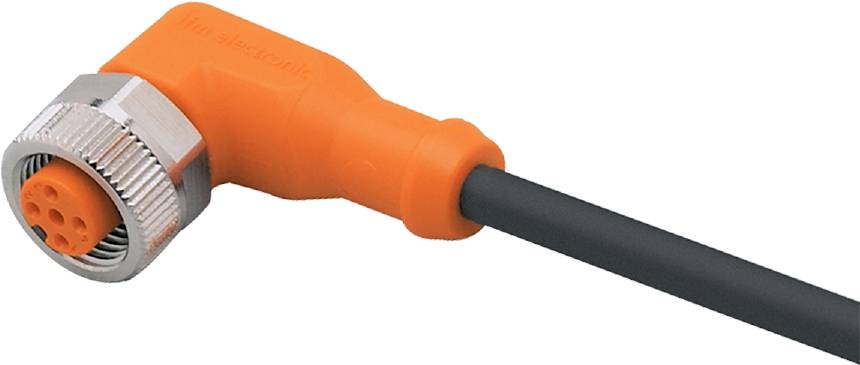 Ein orangefarbenes Kabelstecker mit einem schwarzen Kabel, gezeigt aus nächster Nähe.