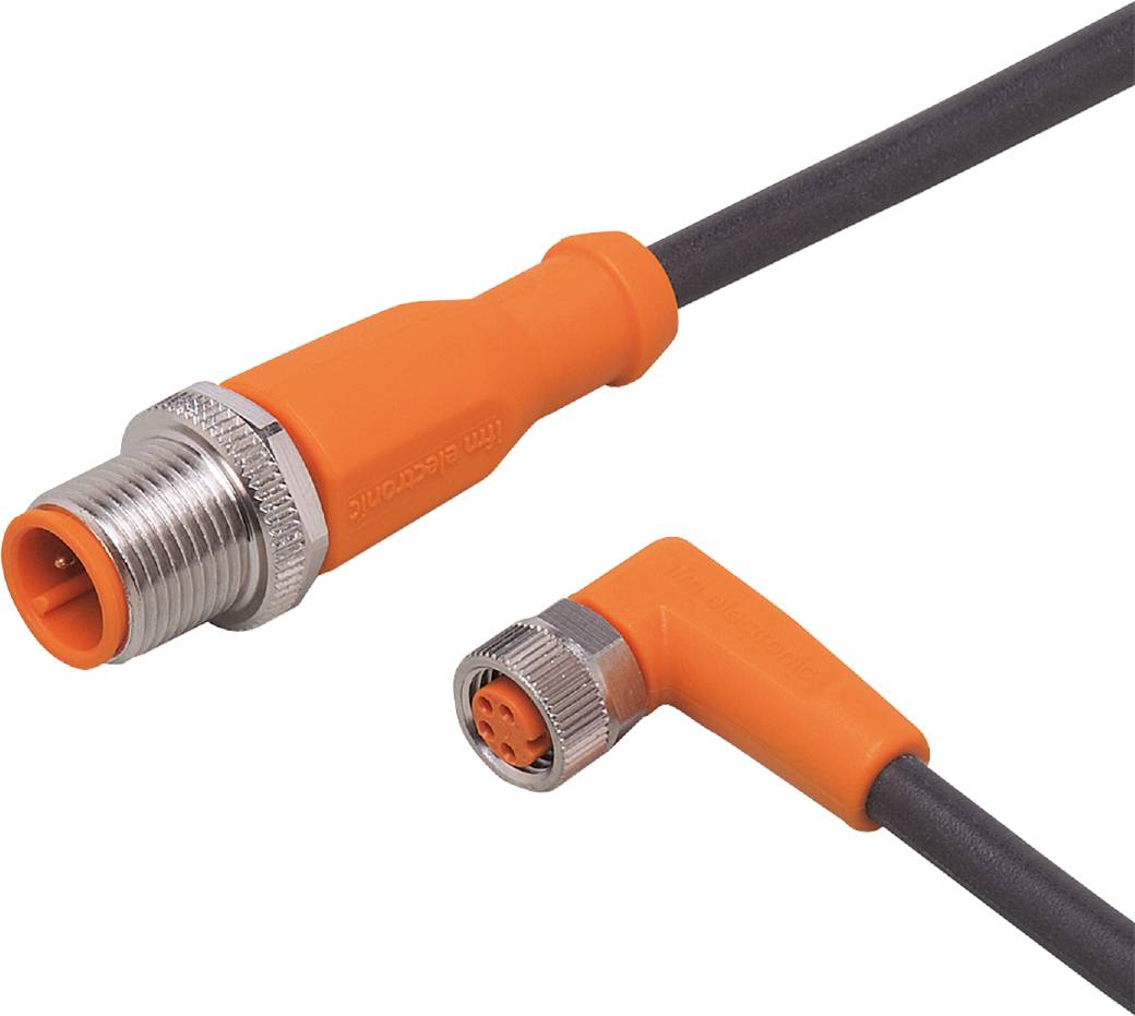 Ein oranger M8-Stecker und eine rechtwinklige M8-Buchse sind an einem schwarzen Kabel befestigt, die Stecker zeigen verschiedene Anschlussoptionen.