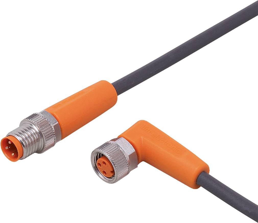 Ein orangefarbenes Kabel mit zylindrischem Stecker und Metallgewinde, verbunden mit einem L-förmigen Steckverbinder.