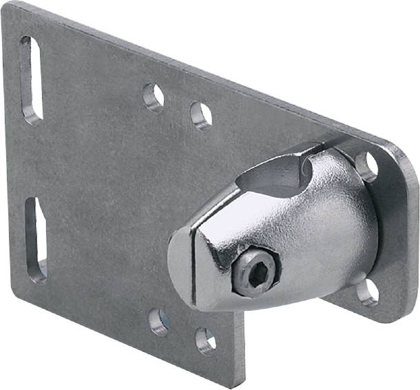 Metallische Halterung mit mehreren Löchern und einem drehbaren Klemmechanismus an einer Seite, geeignet zur Befestigung von Strukturen.