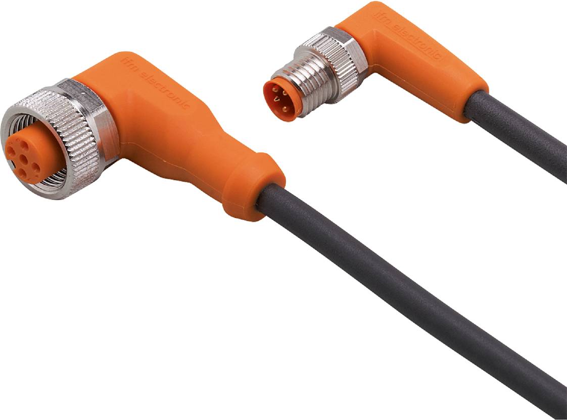 Ein orange-schwarzes, rechtwinkliges elektrisches Kabel mit Stecker und Buchse für industrielle Anwendungen.