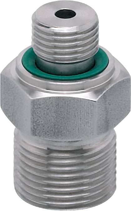 Nahaufnahme eines metallischen Rohrfittings mit grünem Dichtungsring. Das Bild zeigt die Gewindeverbindung und die Oberflächenbeschaffenheit.