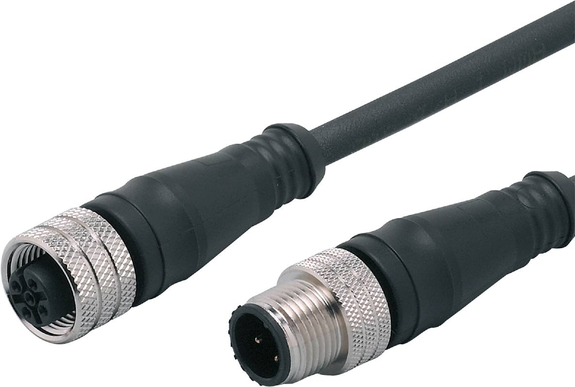 Ein schwarzes Kabel mit zylindrischem Stecker, verbunden mit einem weiteren Stecker, möglicherweise für elektronische Geräte.