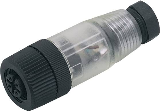 Durchsichtiger moderner Steckverbinder, teils transparent, zeigt interne Drähte, mit dunklen Endkappen.