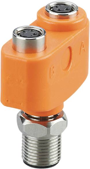 Ein orangefarbenes Ventil mit Metallkomponenten, vermutlich ein Absperrventil, auf weißem Hintergrund.