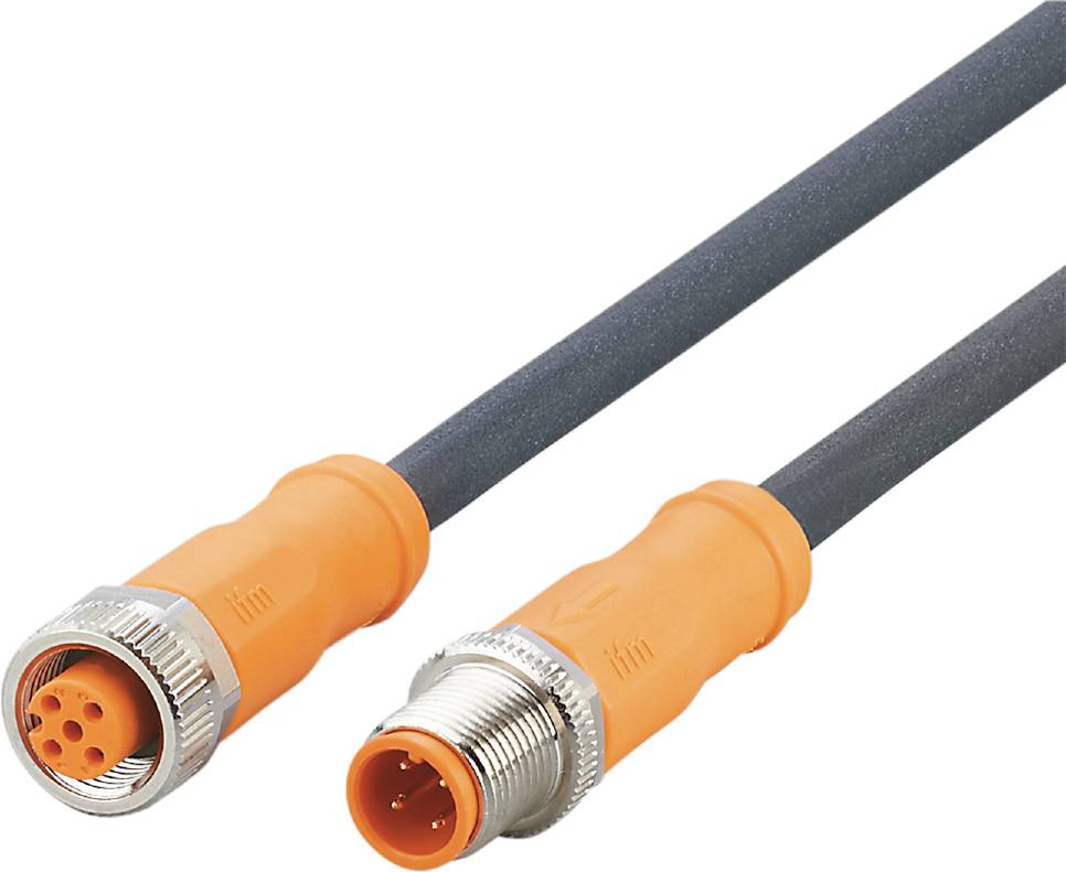 Zwei orangefarbene Industriestecker mit schwarzem Kabel. Jeder Stecker hat silberne Metallringe und Buchsen für Verbindungen.
