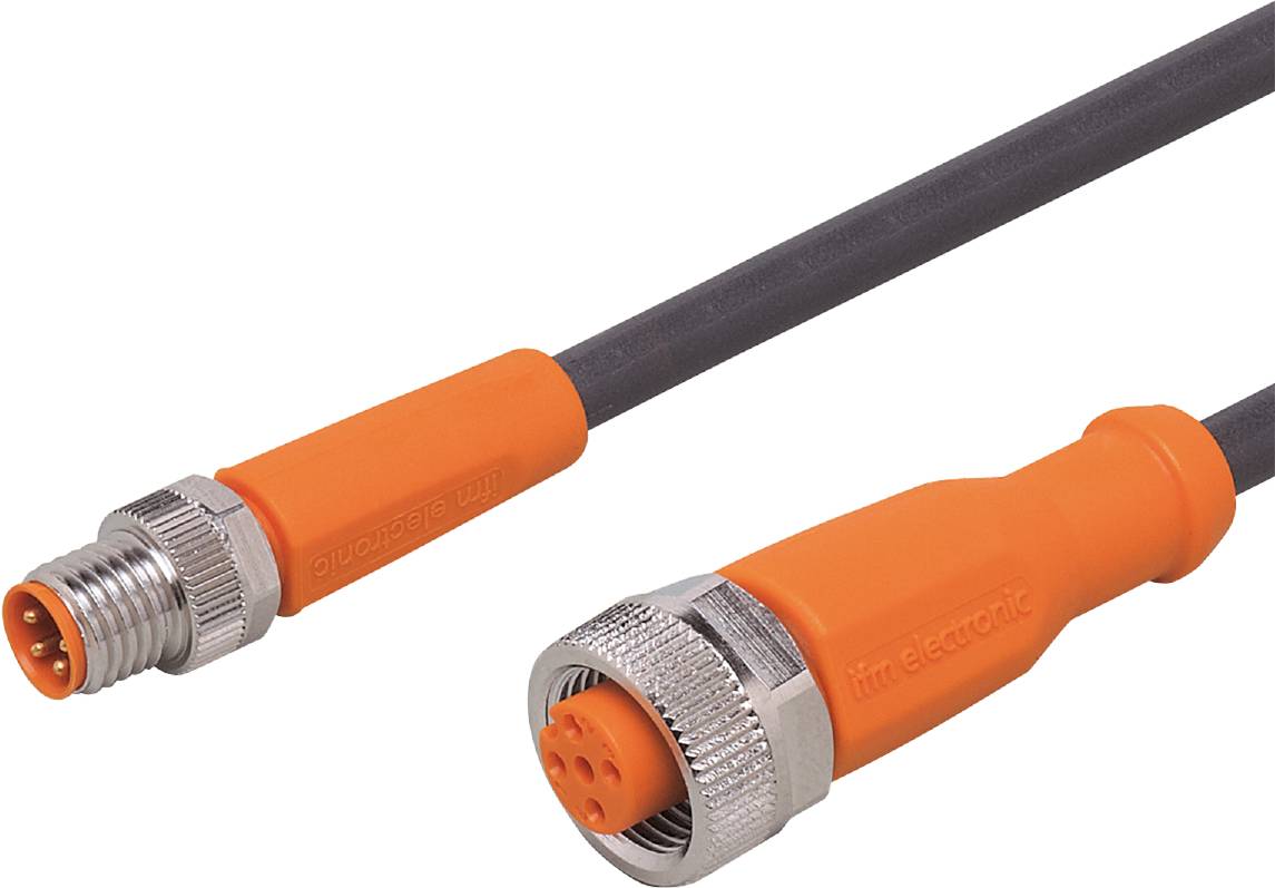 Ein orangefarbenes elektrisches Kabel mit grauem Kabelmantel, an beiden Enden mit Steckern. Stecker sind zylindrisch und metallisch.