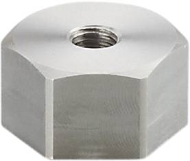 Sechskantmutter aus Metall, glänzend, mit zentralem Gewinde, geeignet für Verschraubungen.