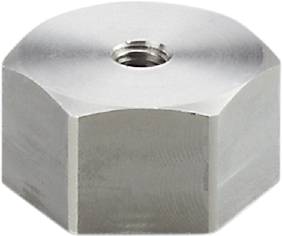 Eine Sechskantmutter aus Metall, silbern glänzend, mit einem zentralen Innengewinde zur Befestigung von Schrauben oder Bolzen.