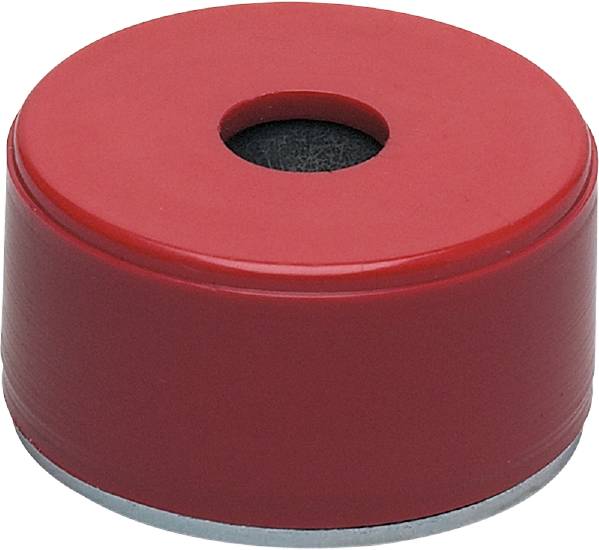 Ein runder, roter Magnet mit schwarzem Loch in der Mitte, seitlich fotografiert. Geeignet zum Befestigen von Objekten an magnetischen Oberflächen.
