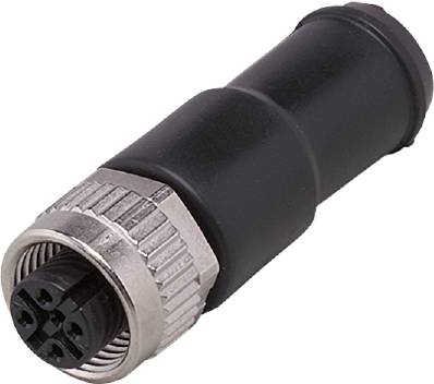 Ein schwarzer, zylinderförmiger Stecker mit mehreren Kontaktstiften, für industrielle oder technische Anwendungen geeignet.