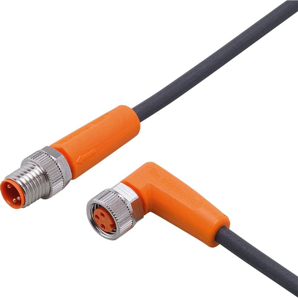 Gerade und abgewinkelte orangefarbene Steckverbinder an einem Kabel, geeignet für industrielle Anwendungen, Nahansicht.
