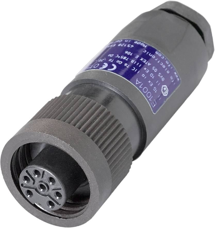 Ein zylindrischer elektrischer Stecker mit mehreren Steckkontakten und einem blauen Etikett mit technischen Informationen darauf.