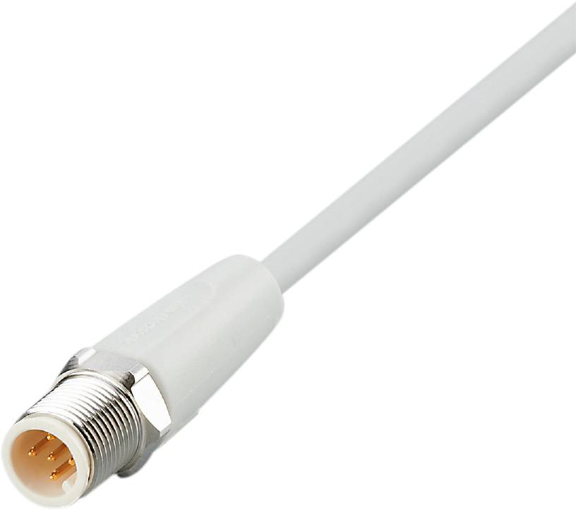 Ein weißes Koaxialkabel mit einem metallischen, runden Steckverbinder, geeignet für TV- oder Satellitenanschluss, auf weißem Hintergrund.