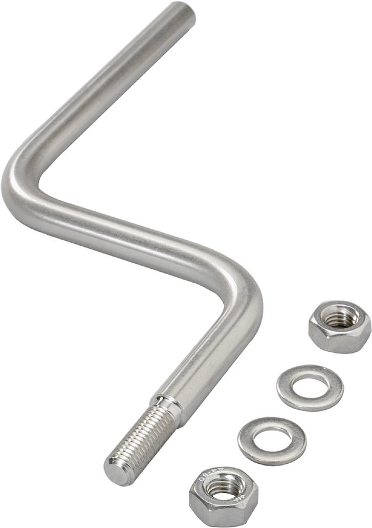 Metallschraube in L-Form mit zwei Unterlegscheiben und einer Mutter, auf weißem Hintergrund platziert.