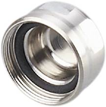 Silberne Metallmutter mit schwarzem Innenring, zylindrische Form, glänzende Oberfläche, verwendet für Rohrverbindungen.