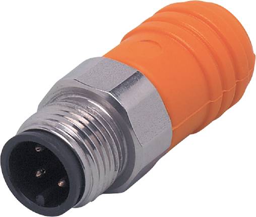 Ein M12-Steckverbinder mit vier Pins, aus Metall und orangefarbenem Kunststoff, dient zur industriellen Daten- und Signalübertragung.