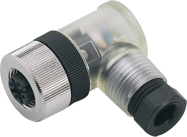 Eine verchromte Wasserarmatur mit schwarzem Griff und durchsichtigem Plastikgehäuse, vermutlich Teil eines Zapfhahns oder Ventilsystems.