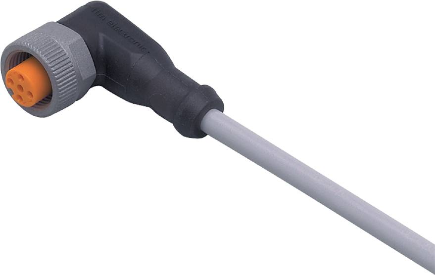 Graues Kabel mit abgewinkeltem Stecker. Der Stecker ist schwarz und trägt den Aufdruck 'Mini Electronic'.