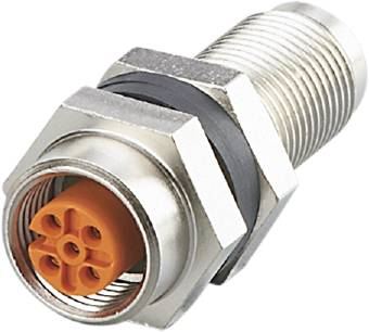 Ein zylindrischer Metallstecker mit orangefarbenem Innenleben und mehreren runden Anschlüssen. Geeignet für industrielle Verbindungen.