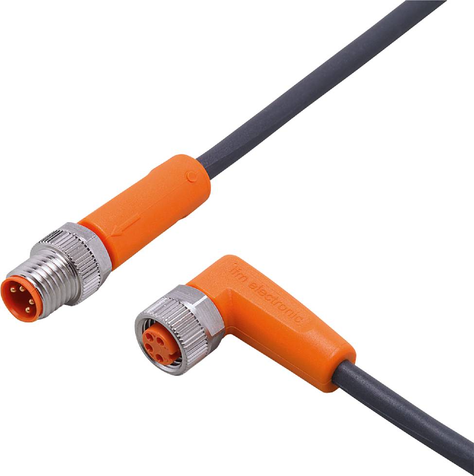 Ein orangefarbener Steckverbinder an einem Kabel, zeigt eine abgewinkelte Verbindung. Geeignet für industrielle Anwendungen.