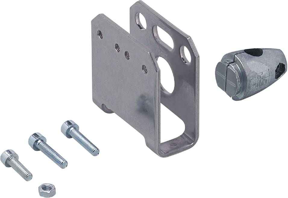 Metallhalterung mit mehreren Löchern, zwei Schrauben und einer Mutter. Geeignet für mechanische Befestigungen.