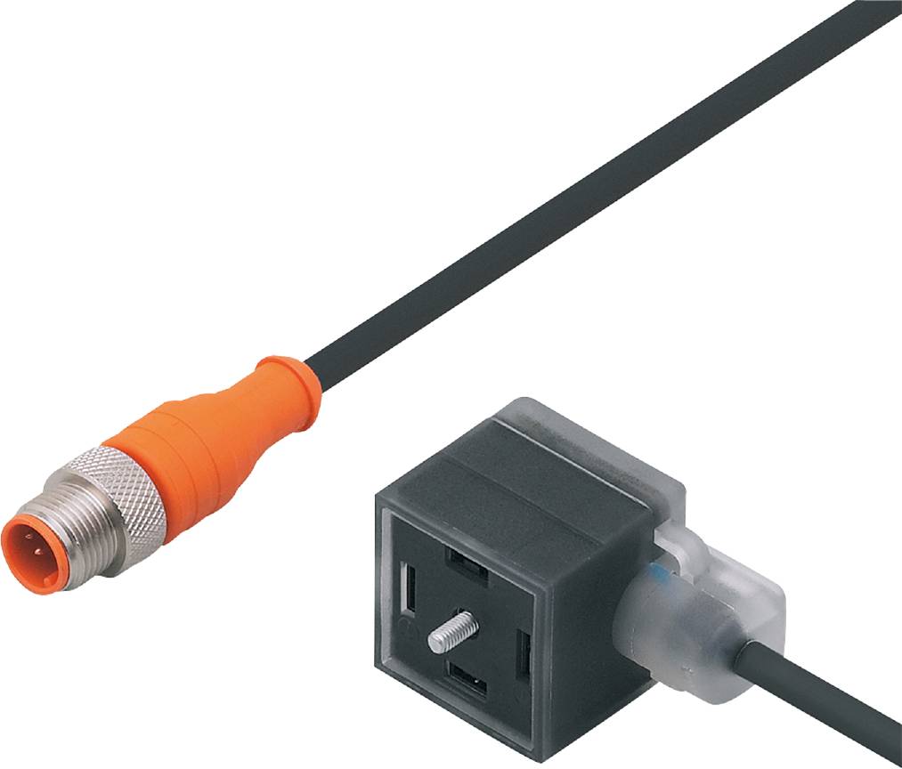Ein orangefarbenes Kabel mit einem Metallstecker ist mit einem schwarzen, quadratischen Adapter verbunden.