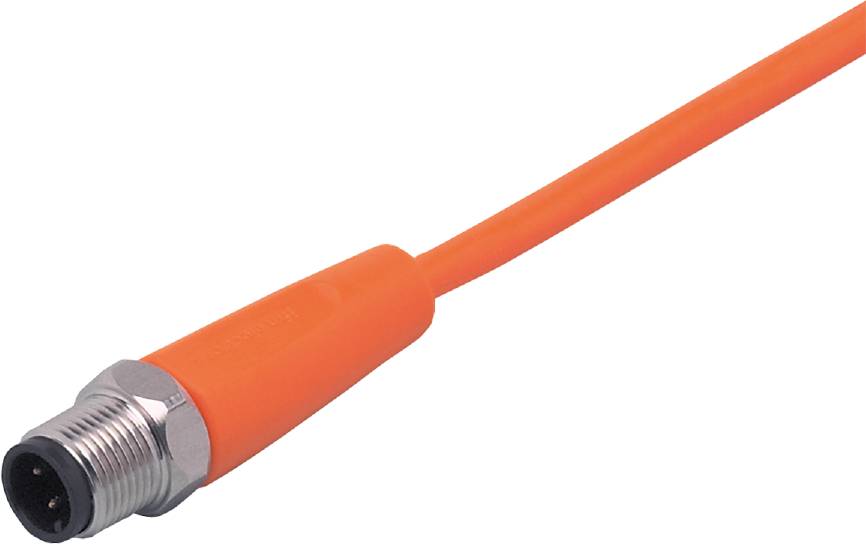 Oranges Netzwerkkabel mit Metallstecker, geeignet für LAN- oder Internetverbindungen; Detailaufnahme von Verbindungsteil.