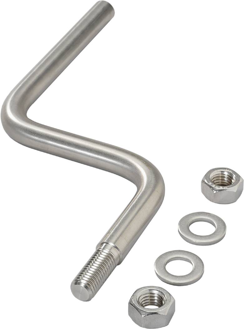 Metallelement mit L-Form, einem Gewinde an einem Ende, daneben eine Mutter und zwei Unterlegscheiben. Eignung für Befestigungen.