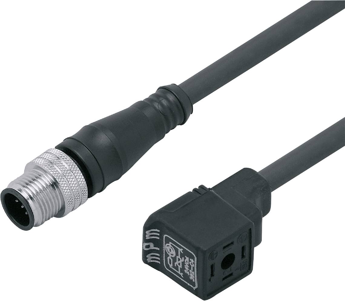 Ein schwarzes Rundsteckerkabel mit M8-Stecker und einem quadratischen Gerätestecker auf der anderen Seite, geeignet für Sensoren und Aktoren.