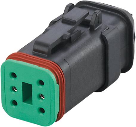 Ein schwarzer Steckverbinder mit grünem und rotem Dichtungsring, verwendet für elektrische Verbindungen.