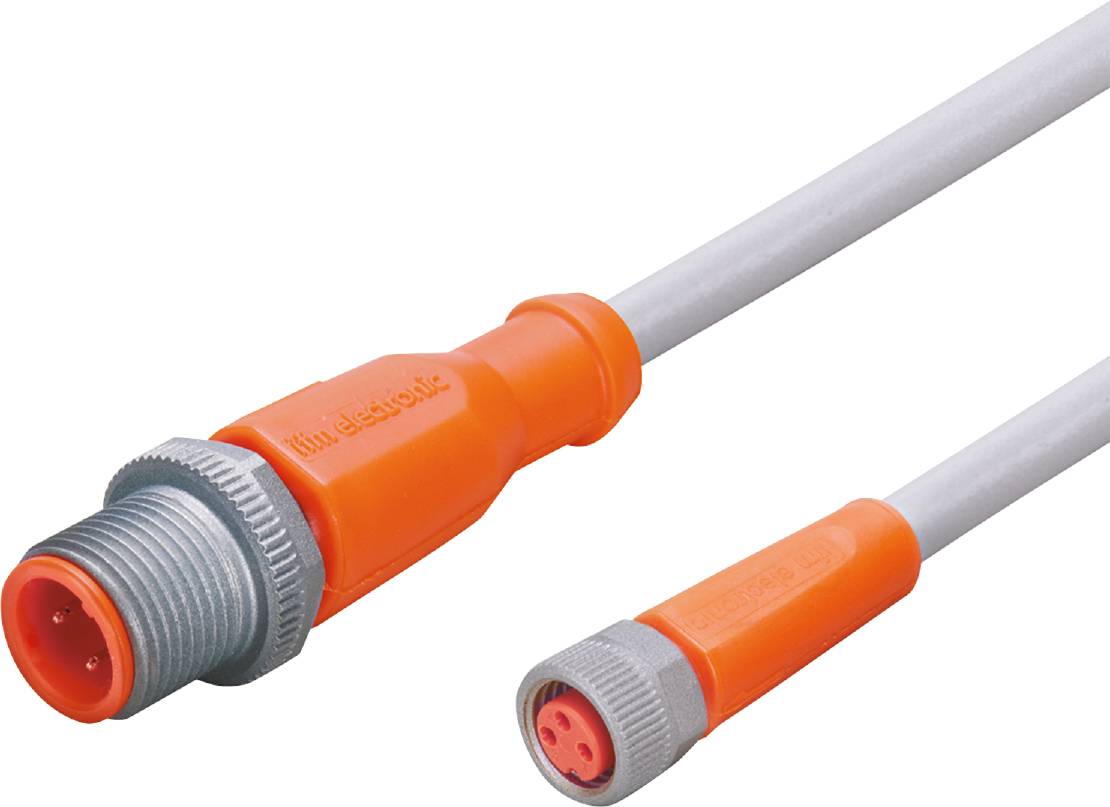 Zwei orangefarbene elektronische Steckverbinder mit grauen Kabeln, geeignet für industrielle Anwendungen.