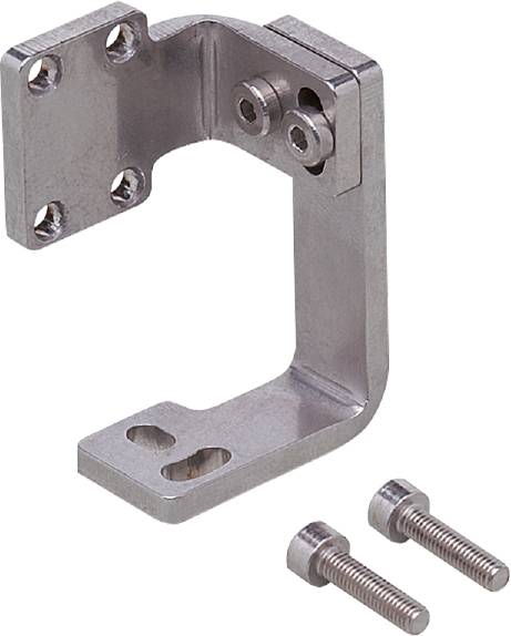 Ein L-förmiger Metallwinkel mit zwei Schrauben. Der Winkel hat mehrere Löcher zur Befestigung und wird oft in Montagearbeiten verwendet.