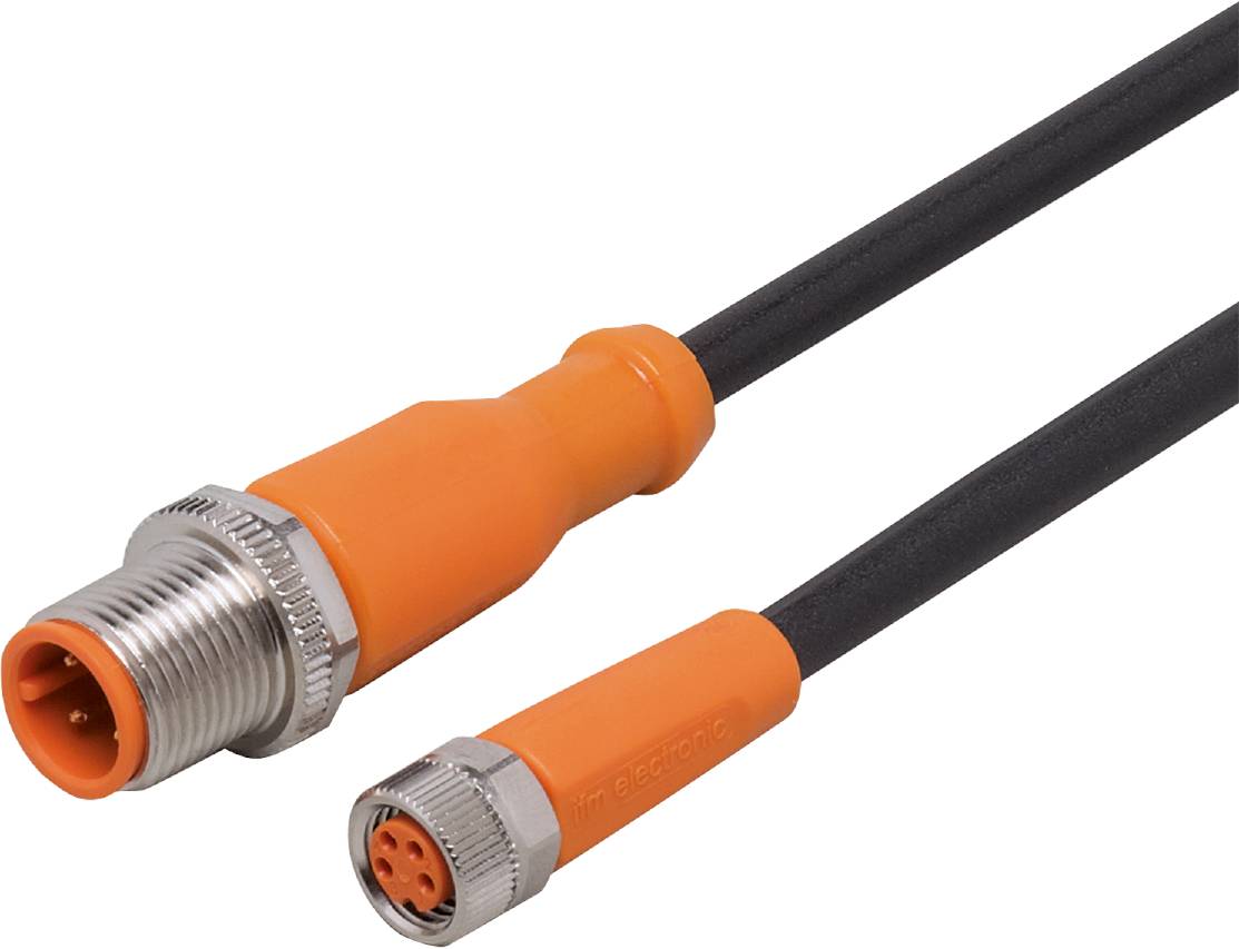 Ein oranges M8-Rundsteckverbinderkabel mit Metallgewinde für industrielle Anwendungen, bestehend aus einer Buchse und einem Stecker.