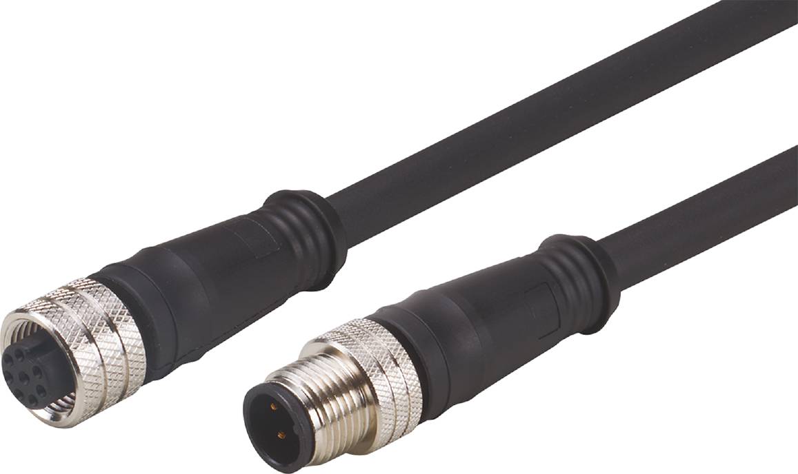 Zwei schwarze Kabel mit großen Steckern, eines mit rundem Anschluss, das andere mit Schraubgewinde, auf weißem Hintergrund.