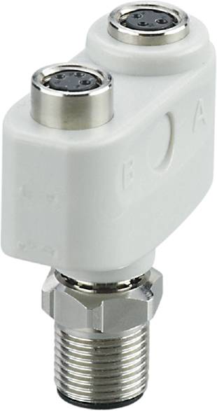 Ein weißes Ventil mit markierten Buchstaben 'A' und 'B' an der Seite, montiert auf einem Metallanschluss.