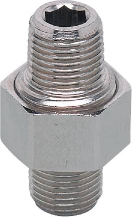 Nahaufnahme einer silbernen Sechskantmutter mit Gewinde, die typisch für Befestigungen in Maschinenbau und Elektronik verwendet wird.