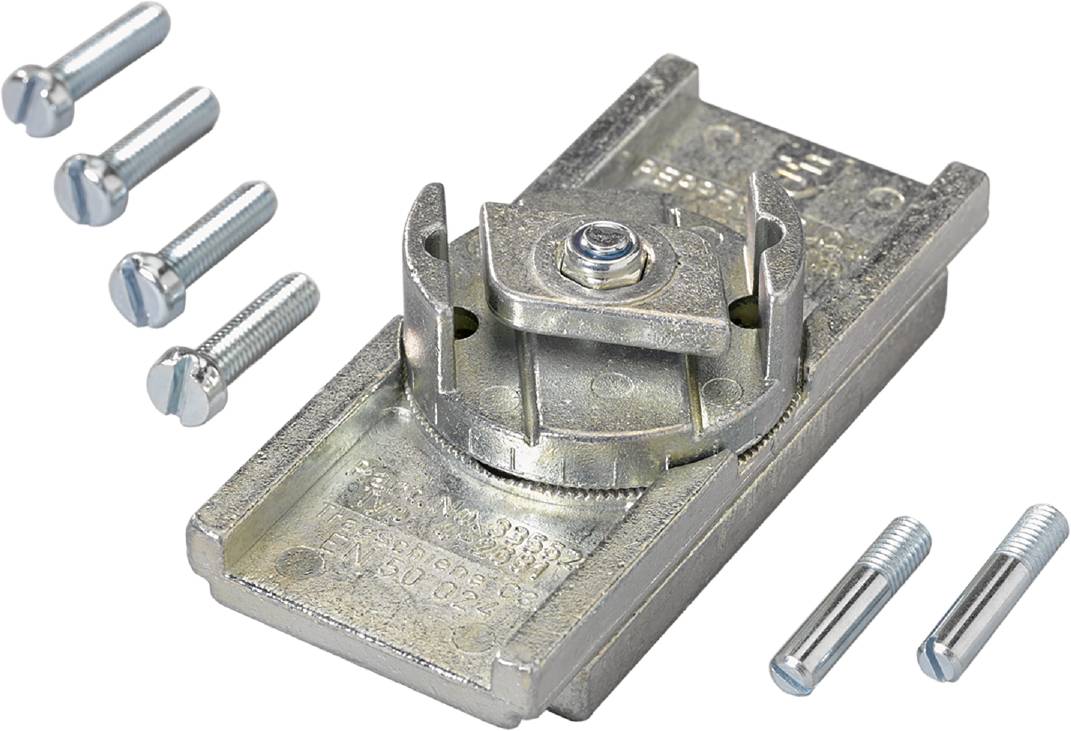 Metallbefestigungselement mit Schrauben, geeignet für Konstruktions- oder Montagearbeiten. Hauptteil ist rechteckig mit kreisförmigem Zentrum.
