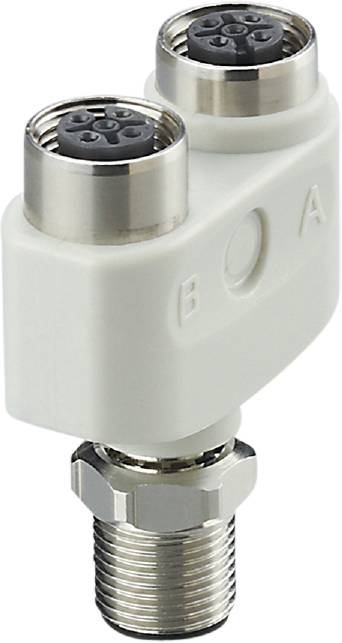 Ein weißer Ventilkörper mit metallischen Anschlüssen und den Buchstaben 'B', 'O', 'A' geprägt an der Seite.